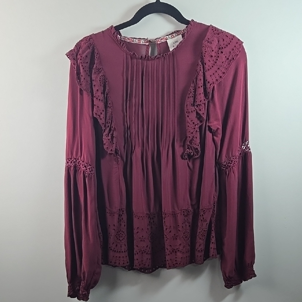 Red Blouse with Puff Sleeves and Ruffled Front Details